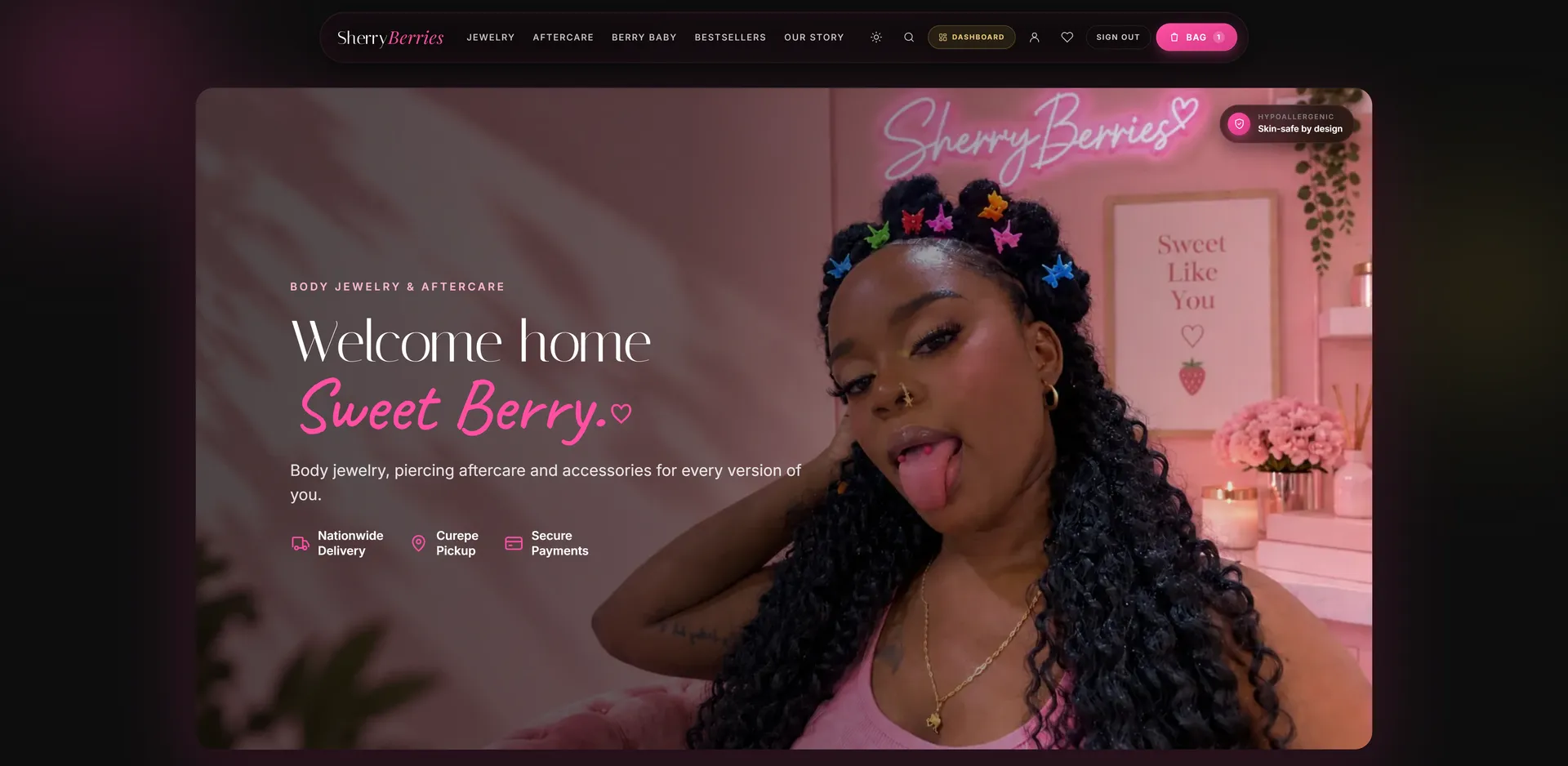 The SherryBerries storefront homepage: the headline “Welcome home Sweet Berry” beside a photo of a model wearing the store’s jewelry, with nationwide delivery, Curepe pickup and secure payments listed below.